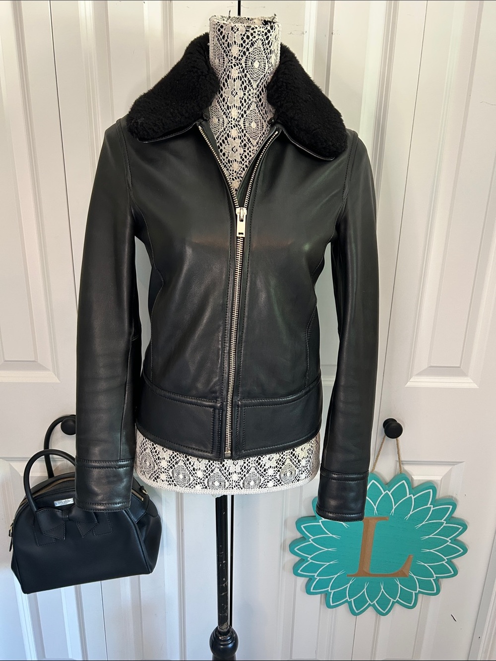 Massimo Dutti Black Leather Jacket with Detachable Collar